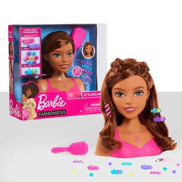 Barbie Fashionistas 8-Inch Styling Head, Brown Hair, 20 Pieces Include Styling Accessories, Kids Toys for Ages 3 Up by Just Play