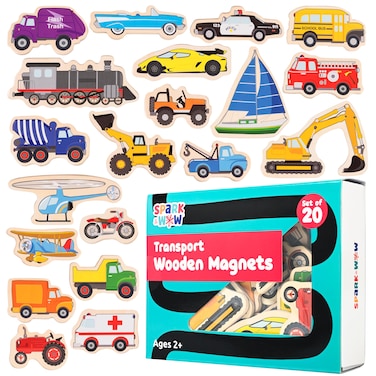 SPARK &amp; WOW Wooden Magnets - Transport - Set of 20 - Magnets for Kids Ages 2+ - Cute Transportation Magnets for Fridges, Whiteboards and More