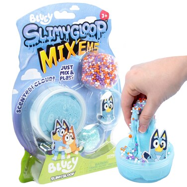 Official Bluey SLIMYGLOOP Mix'Ems, Pre-Made Cloud Slime, Bubblegum Scent, Fun Slime Add Ins Including Bluey Charm, Foam Balls, Glitter, Fidget Toy, Super Soft Non-Sticky Stress Relief Toy, Bluey Toys
