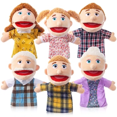 6 Pcs Family Hand Puppets 12 Inch Grandparents, Mom &amp; Dad, Brother &amp; Sister Plush Hand Puppet Toys Role-Play Toy Puppets for Kids Storytelling Imaginative Pretend Play Teaching Preschool(6 Family A)