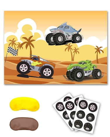 Monster Truck Games, Pin The Wheel on Monster Truck. Monster Truck Birthday Party Supplies, Big Poster. Monster Truck Party Supplies, 2 Blindfolds Elastic 18 Wheel Stickers