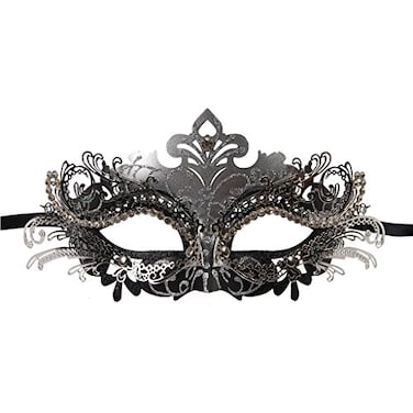 Vanki 1 PCS Masquerade Mask Laser Cut Metal Shiny Rhinestone Party Mask,Black&amp;Silver