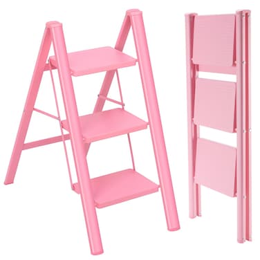 GPUSFAK 3 Step Ladder, Multi-Purpose Sturdy Lightweight Portable Folding Step Stool with Wide Anti-Slip Pedals, 500lbs Capacity Household and Kitchen Stepladders(Pink)