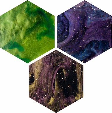 Resource Tokens   90pc Acrylic Game Tokens   30 of Each Color (Lagoon, Stardust, Verdant)   Hexagon   Nebula Collection