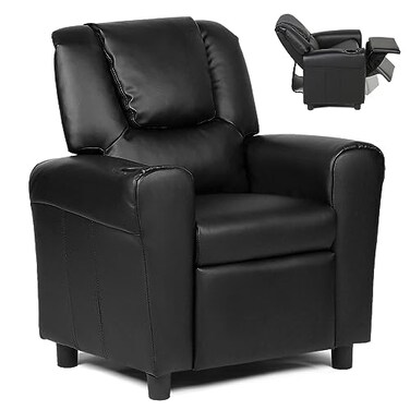 BETTARY Kids Recliner Chair, Children PU Leather Lounge Chair with Adjustable Backrest, Footrest, Headrest &amp; Cup Holder, Toddler Couch for Boys &amp; Girls, Black