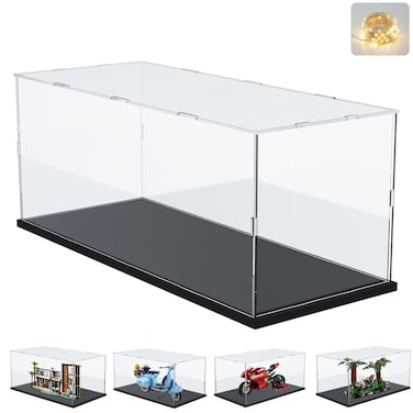Thickened Clear Acrylic Display Case for Lego 31153 10298 75353 42107 Collectibles, Transparent Box Dustproof Protection with Wood-Plastic Base &amp; String Light, Black Inside 15.7x7.9x9.8inch