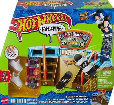 Hot Wheels Skate Stadium Playset Designed with Tony Hawk, 1 Exclusive Fingerboard &amp; Pair of Skate Shoes, Plus Storage