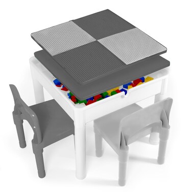 Play Platoon 5 in 1 Kids Activity Table and Chair Set - Stem Table for Toddlers with Building Block, Craft &amp; Sensory Tables for Toddlers with 2 Chairs &amp; 25 XL Blocks - Neutral Gray