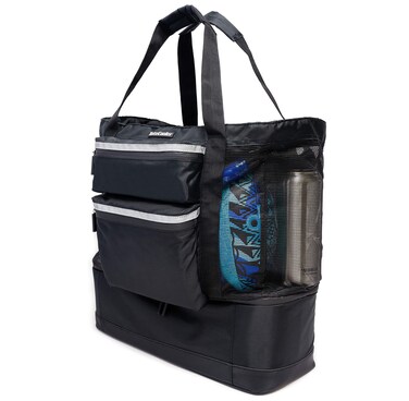ToteCooler Beach Picnic Mesh Tote Bag with Zipper Top, Dual Internal Sling Bottle Pockets, 3 Exterior Pockets and Insulated Soft Cooler with Anti-Slip Rubber Base Guard (Black)
