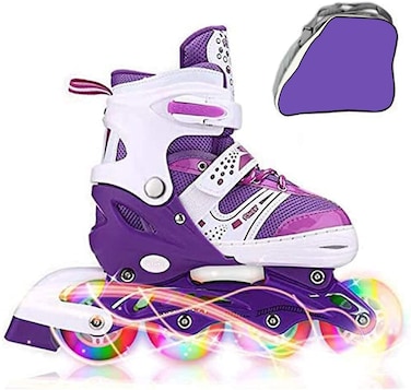 Kids Adjustable Flashing Inline Skates for Boys, Girls and Adults with Full Light Up Wheels, Outdoor Roller Skates for Kids Beginner Ages 6-8-12-14, Men and Women