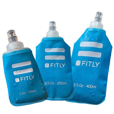 FITLY Soft Flask 3 Pack - 5 oz (150 ml), 8.5oz (250ml), &amp; 13.5oz (400ml) - Shrink As You Drink Soft Water Bottle for Hydration Pack - Folding Water Bottle For Running &amp; Hiking - Running Water Bottle