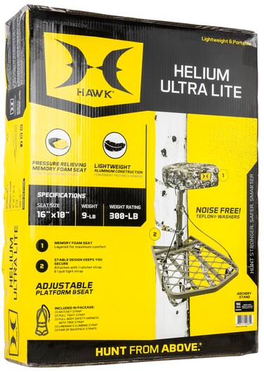 Hawk Helium Ultra Lite Hang-On Stable Lightweight Aluminum Big Game Bow Hunting Tree Stand with 20" x 24" Platform &amp; 16" x 10" Pressure Relieving Memory Foam Seat