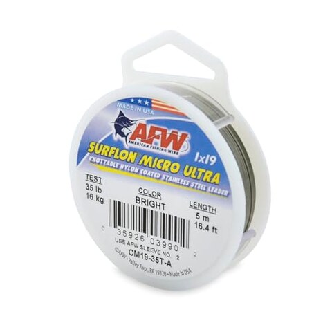 American Fishing Wire Surflon Micro Ultra, Nylon Coated 1x19 Stainless Steel Leader Wire, 35 lb Test, .021&quot; Diameter, Bright, 5 m