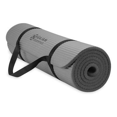 Gaiam Essentials Thick Yoga Mat Fitness &amp; Exercise Mat with Easy-Cinch Carrier Strap, Grey, 72"L X 24"W X 2/5 Inch Thick, 10mm