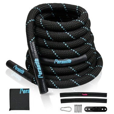 Perantlb 100% Poly Dacron Heavy Battle Rope - 1.5" Diameter, 30&rdquo; 40&rdquo;50&rdquo;Lengths - Black Workout Rope - Gym Muscle Toning Metabolic Workout Fitness - Battle Rope Anchor Included (1.5" x 30 ft)