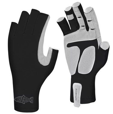 Riverruns UPF 50+ Fingerless Fishing Gloves- Fishing Sun Gloves- UV Protection Gloves Men and Women Fishing, Boating, Kayaking, Hiking, Running, Cycling and Driving.