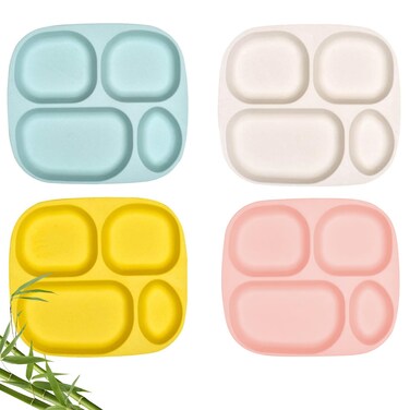 shopwithgreen Bamboo Divided Plates for Kids Adults - Dinnerware Set for Toddlers Kids Children Baby, Toddler Dinner Plates, BPA Free, Stackable, Dishwasher Safe, 9.4 inch, Set of 4