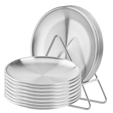 No Name No Seal 8-piece 6.5-inch appetizer plate with stand set Gold silver stainless steel round plates Suitable for cakes desserts, salads, dips, snacks, side dishes (Silver, 7.8inch)