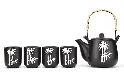 Mose Cafolo Japanese Tea Set Teal with White Plum-Flower Ceramic Tetsubin Teapot &amp; 4 Teacups, Stainless Steel Infuser, Rattan Handle included in Gift Box