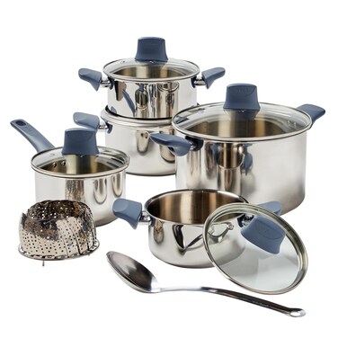 T-fal Essentials Stainless Steel Cookware Set 12 Piece, Induction Compatible, Oven Safe 350F, Cooking Set w/Stewpots, Stockpot, Saucepan, Lids &amp; Tools, Measuring Marks, Dishwasher Safe, Silver/Blue