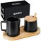 MIAMIO - Sugar and Cream Serving Set with Lid and Spoon/Ceramic Coffee Bar Accessories - Microwave &amp; Dishwasher Safe (Black)