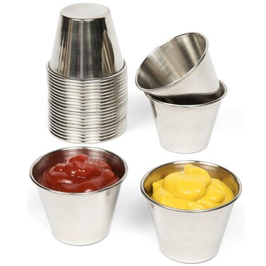 Small Sauce Cups, Stainless Steel Ramekin Dipping Sauce Cup, Commercial Grade Individual Round Condiment cups (24 of 2.5 oz.)