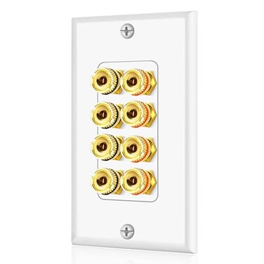 TNP Home Theater Wall Plate - Banana Plug Wall Plate, 4 Speaker Wire Wall Plate with Gold-Plated Terminals, Single Gang Audio Wall Plate, in-Wall Surround Sound Connection Plates, White