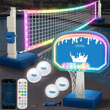OHYEMO 2-in-1 LED Pool Volleyball &amp; Basketball Game Set, Light Up Pool Sport Combo Set with 14in LED Rim/4 Glow Balls/2 Base/Pump, Inground Swimming Pool Toy Party Games for Adults &amp; Family