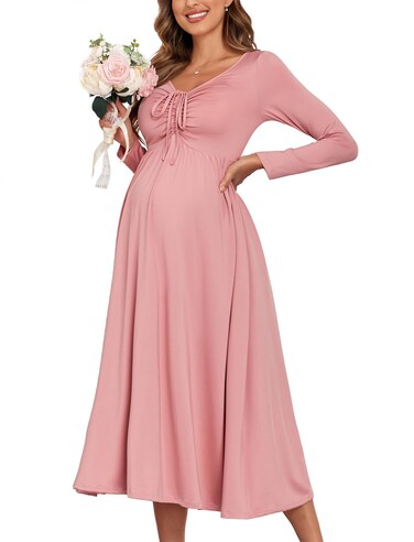 AISWI 2024 Maternity Tie Front Ruched Nursing Dress A Line Long Sleeve V Neck Swing Pregnancy Maxi Dresses, Dusty Pink, Medium