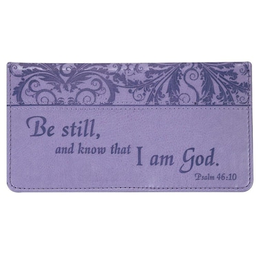 Christian Art Gifts Purple Faux Leather Checkbook Cover for Women with Inspirational Scripture - Be Still - Bi-fold Checkbook Cover for Duplicate Checks ID Credit Cards &amp; Pen Loop Holder - Psalm 46:10