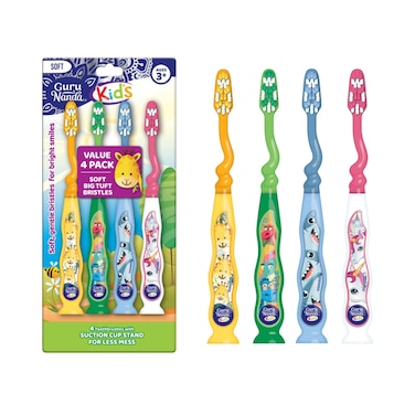 GuruNanda Kids Toothbrush with Suction Cup &amp; Fun Animal Designs - Soft Bristles for Healthy Gums- Non-Slippery &amp; Mess-Free Toothbrush, 3+ Age- 4 Count