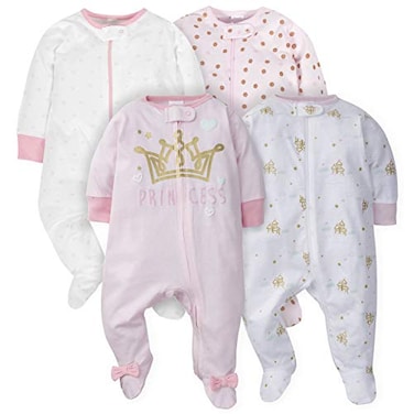 Gerber Baby Girls 4 Pack Sleep 'N Play Footie Assorted colors 0-3 Months, Castle