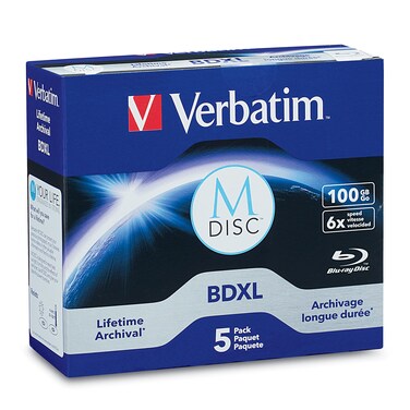 Verbatim M DISC BDXL 100GB 6X with Branded Surface Blank Blu-Ray Recordable Media &ndash; 5pk Jewel Case Box,Blue