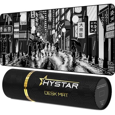 Hystar Extended Gaming Mouse Pad   XXL 36" x 16"   5mm Thick, Waterproof Surface, Smooth Polyester Fabric, and Natural Rubber Base   Retro Tokyo (Black and White)