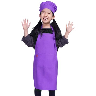 ALIPOBO Kids Apron and Chef Hat Set, Children's Adjustable Bib Apron with 2 Pockets. Cute Boys Girls Kitchen Apron for Cooking, Baking, Painting, Training Wear (6-12 Year, Purple)