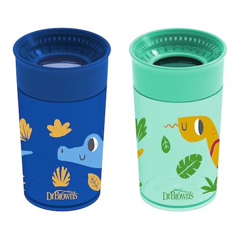 Dr. Brown&#39;s Milestones Cheers 360 Cup Spoutless Transition Cup, Travel Friendly &amp; Leak-Free Sippy Cup, Blue Alligator &ndash; Turquoise Snake, 10 oz/300 mL, 2 Pack