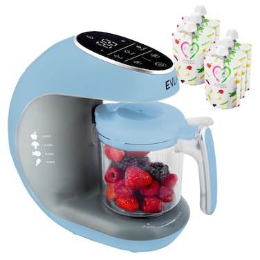 EVLA'S Baby Food Maker, Steamer, Blender, Baby Food Processor for Healthy Homemade Baby Food in Minutes, Touch Screen with 6 Reusable Food Pouches, Baby Registry Essential, Blue