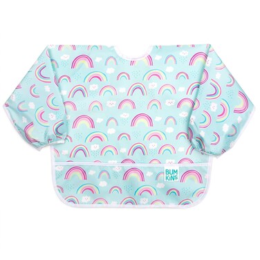 Bumkins Sleeved Bib for Girl or Boy, Baby and Toddler for 6-24 Mos, Essential Must Have for Eating, Feeding, Baby Led Weaning Supplies, Long Sleeve Mess Saving Food Catcher, Soft Fabric, Rainbow Blue