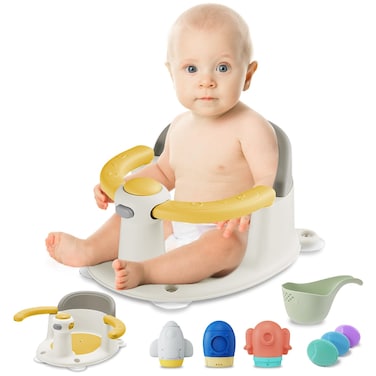 TOSGN Baby Bath Seat, Infant Bathtub Seats for Babies Sitting Up Aged 6-24 Months, 3 Baby Bath Brushes/ 3 Baby Bath Toys/Baby Bath Rinse Cup Included, Yellow