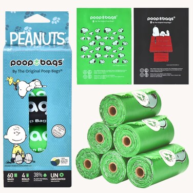 The Original Poop Bags USDA Biobased Pet Waste Bags - Peanuts Characters - Durable, Leak Resistant, 60 Count, BLK/GREEN