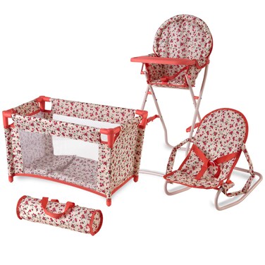 Floral Baby Doll Accessories Set - 3-1 Furniture with Crib, High Chair, Bouncer Seat Bed for 18&rdquo; Play Toys 18" Dolls