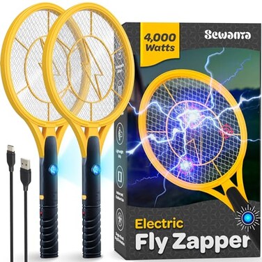 Electric Fly Swatter [Set of 2] Handheld Bug Zapper Racket for Indoor/Outdoor - 4000 Volt Fly Swatter - Instant Bug &amp; Mosquito killer with Attractant LED light - USB Rechargeable Portable Fly Zapper.