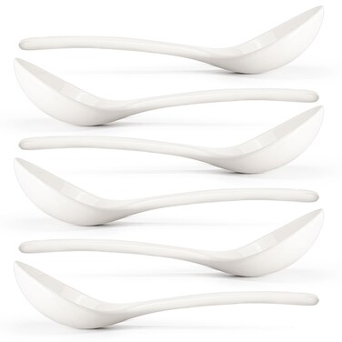 Wareland Asian Soup Spoons Set of 6, Ceramic Chinese Soup Spoons Japanese Spoon for Ramen, Pho, Dumpling, Miso, Wonton, Noodles 6.2 Inch   Long Handle Deep Oval Design   White