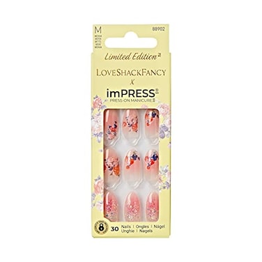 KISS LoveShackFancy x imPRESS Press-On Manicure Limited Edition, Style "Citrus Candy" Medium Almond Pink Press-On Nails, Includes Prep Pad, Mini Nail File, Cuticle Stick, &amp; 30 Fake Nails
