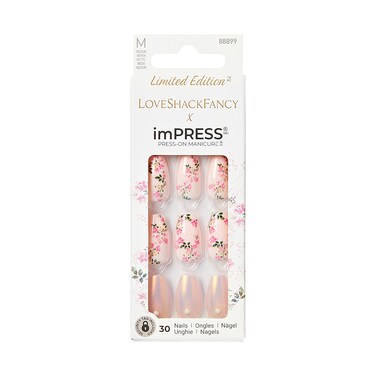 KISS LoveShackFancy x imPRESS Press-On Manicure Limited Edition, Style "Rosie Peach Sky" Medium Coffin Pink Press-On Nails, Includes Prep Pad, Mini Nail File, Cuticle Stick, &amp; 30 Fake Nails