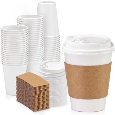 Fit Meal Prep 50 Pack 12 oz Disposable Coffee Cups with Lids, Sleeves, Leak-Proof To Go Coffee Cups with Lids, Durable Hot Paper Cups for Home, Office, Party, Business