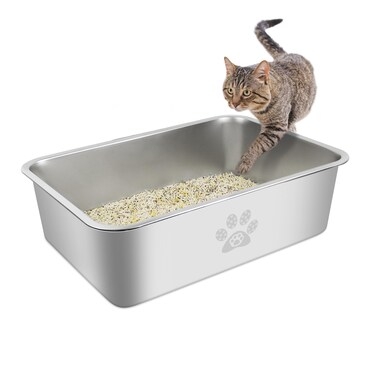 PWTAA Stainless Steel Cat Litter Box High Side Cats Toilet Metal Kitten Litter Pan, Pet Cleaning Tool for Big and Small Cats, Rabbits, Splash-Proof and Non-Stick Cat Poop Box odorless 19.7"x13.8"x5.9