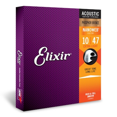 Elixir Strings, Acoustic Guitar Strings, Phosphor Bronze with NANOWEB Coating, Longest-Lasting Rich and Full Tone with Comfortable Feel, 6 String Set, Extra Light 10-47