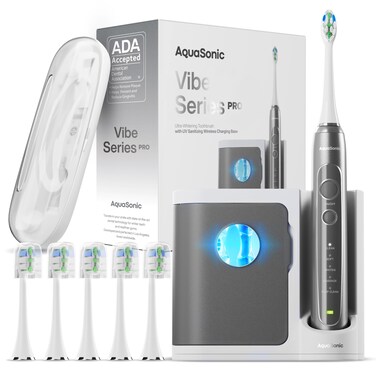 Aquasonic Vibe Series PRO &ndash; Ultra-Whitening Electric Toothbrush &ndash; 5 Modes &amp; Smart Timers &ndash; UV Sanitizing Base &ndash; ADA Accepted (Charcoal Metallic)