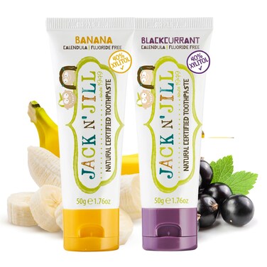 Jack N' Jill Natural Toddler Toothpaste for Baby, Kids and Infants 6 Months &amp; Up, Fluoride Free Training Toothpaste for Toddlers 1-3, 40% Xylitol, BPA Free - Banana &amp; Blackcurrant, 1.76 oz (Pack of 2)